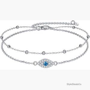 Sterling Silver Evil Eye Anklet Double Layered Chain Dainty Jewelry